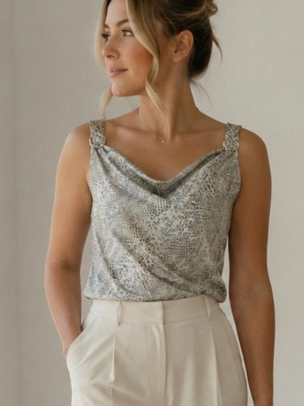 WHBM Snake Print Cowl Neck Sleeveless Top Small Silver Ring Detail